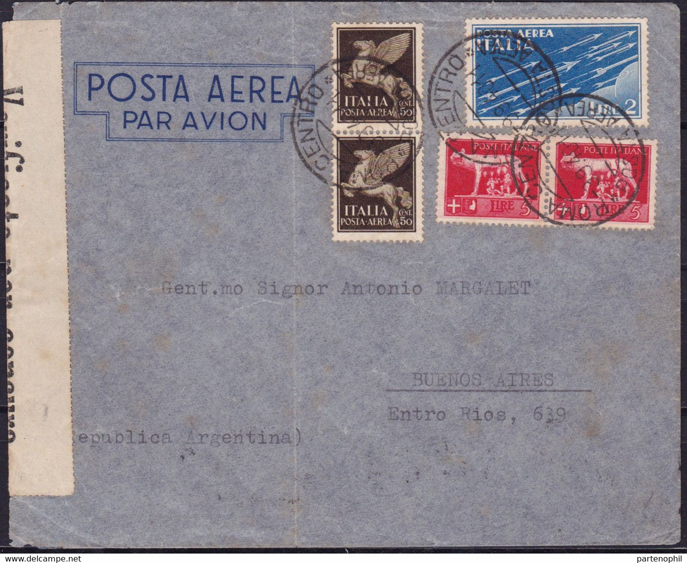 070 * Lettera Di Posta Aerea Da Roma Del 9.09.40 Diretta A Buenos Aires Affrancata Per L. 13. Verificata Per Censura. Al - Poststempel (Zeppeline)