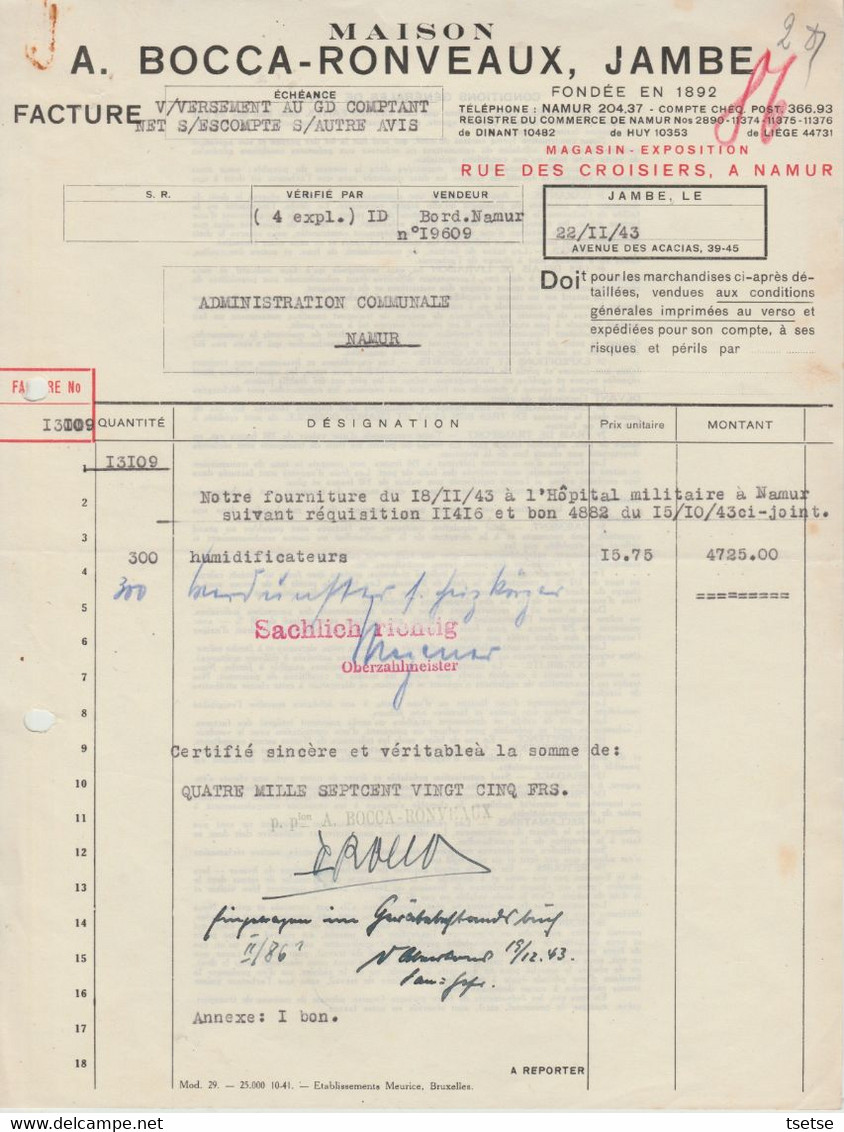 Facture - Namur / Jambe - Maison A. Bocca-Roveaux  - 1943 - Straßenhandel Und Kleingewerbe