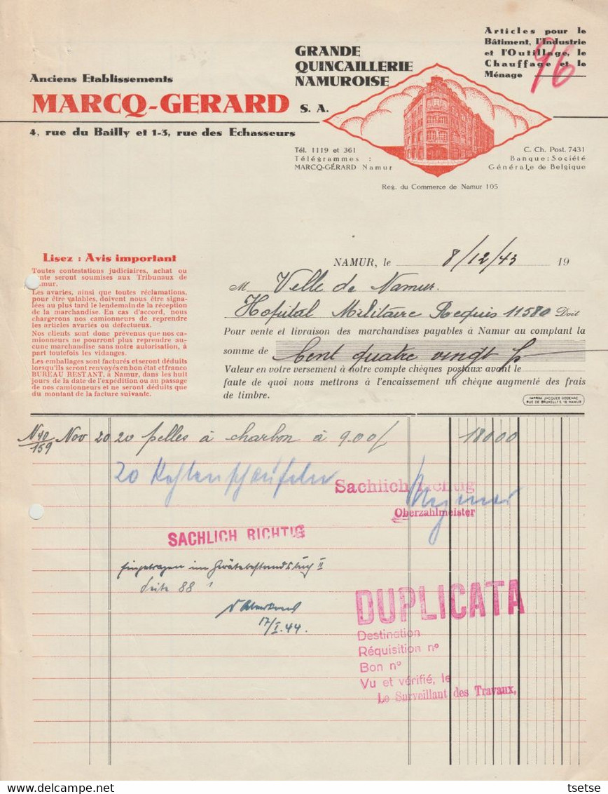 Facture - Namur - Grand Quicaillerie Namuroise " Marcq-Gerard - 1943 ... Rue Du Bailly - Ambachten
