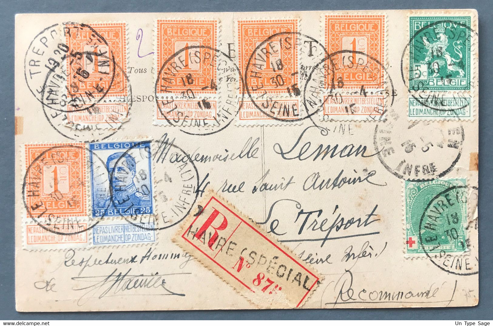 Belgique COB N°108 (x5), 110, 120 Et 129 Sur CPA (en Recommandé) Cachet LE HAVRE (SPECIAL) 30.4.1915 - (A1448) - Sonstige & Ohne Zuordnung