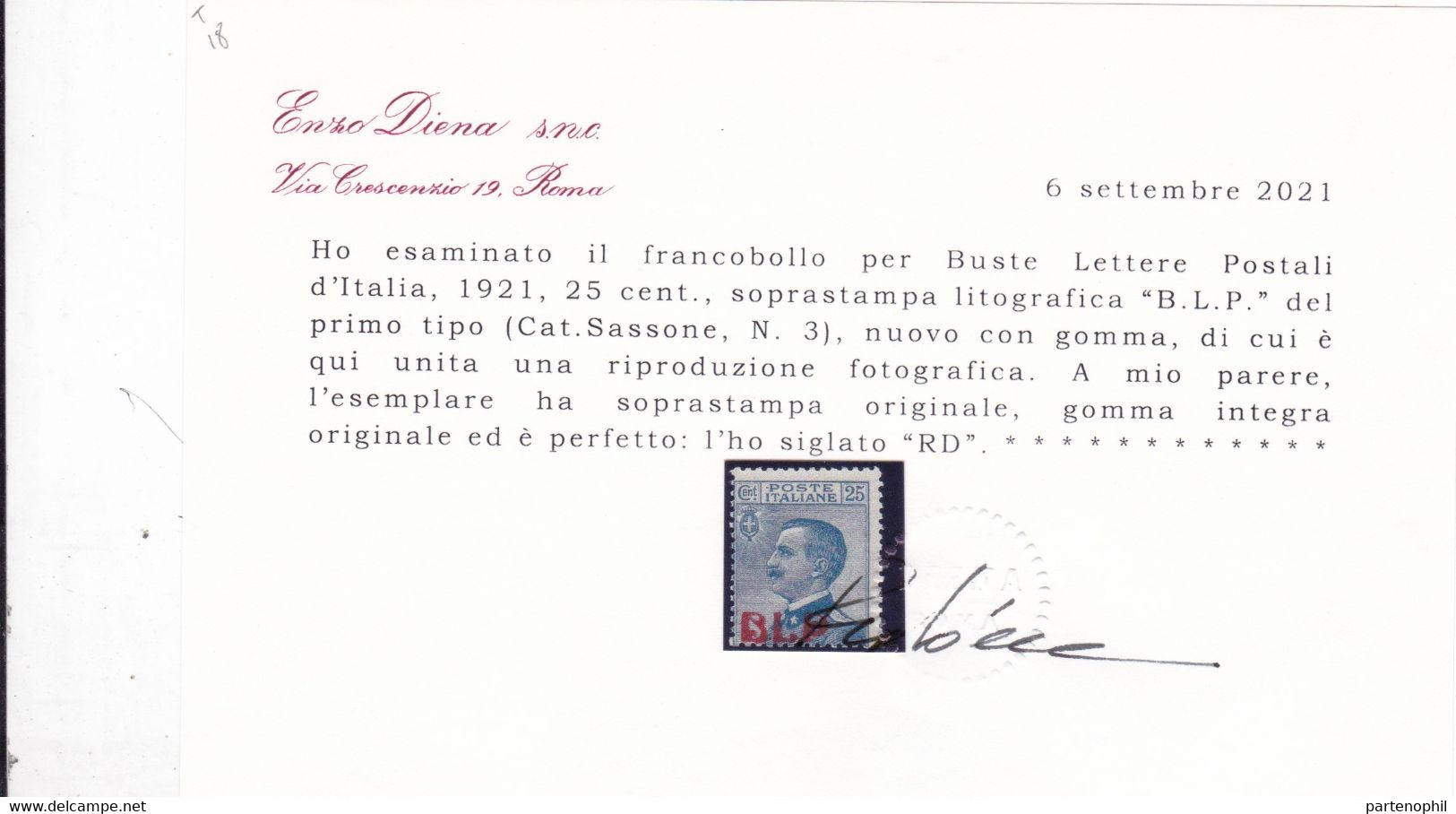 Italia Regno - BLP - 157 ** 1921 - 25 C. Azzurro N. 3. Cert. E. Diena. Cat. 1400,00. - Zegels Voor Reclameomslagen (BLP)