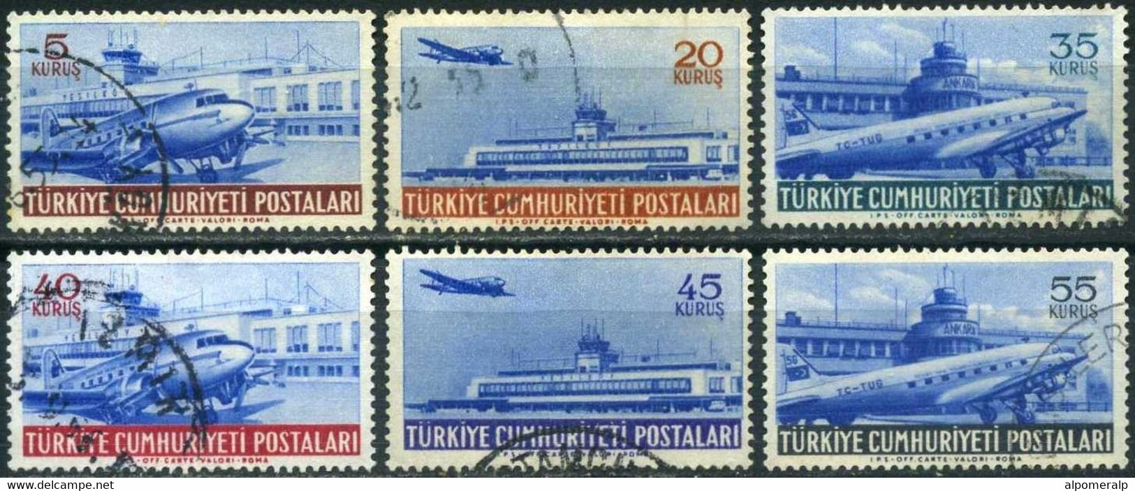 Türkiye 1954 Mi 1404-1409 Airmail Definitives | Air Post, Aircraft, Douglas DC 3, Airfield - Luftpost