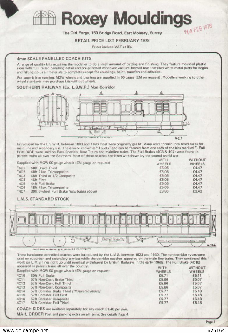 Catalogue ROXEY MOULDINGS 1978 4mm Scale Coach Kits - OO Gauge - Anglais