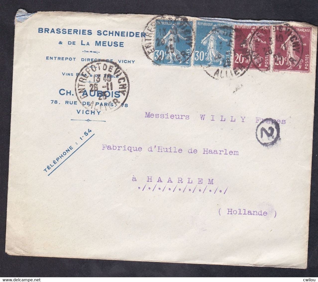 LETTRE A EN TETE - BRASSERIES SCHNEIDER DE LA MEUSE - CH . AUBOIS - VICHY - Commemorative Postmarks