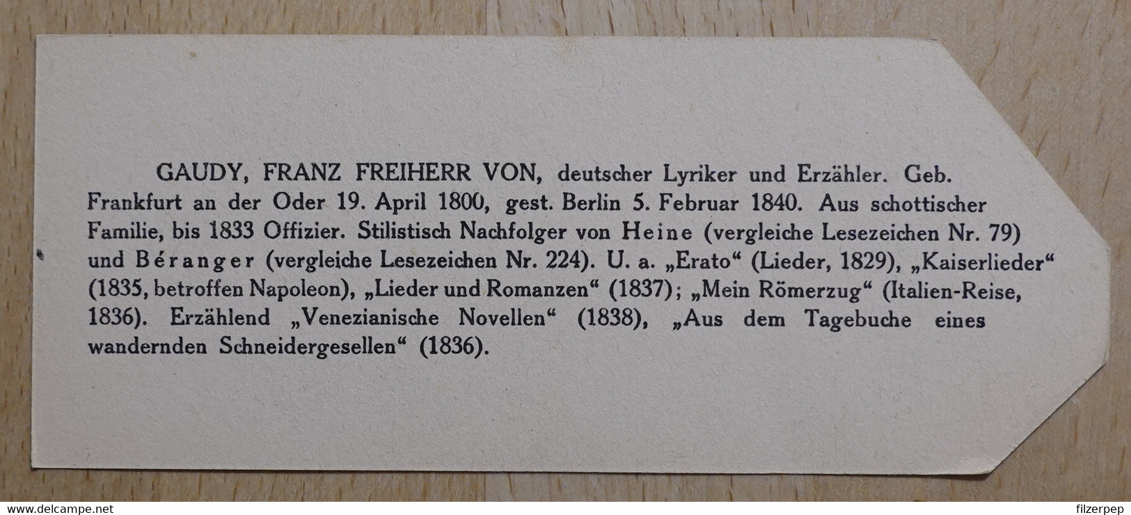 Franz Freiherr Von Gaudy Lyriker Frankfurt An Der Oder Berlin - 838 - Olleschau Lesezeichen Bookmark Signet Marque Page - Marque-Pages