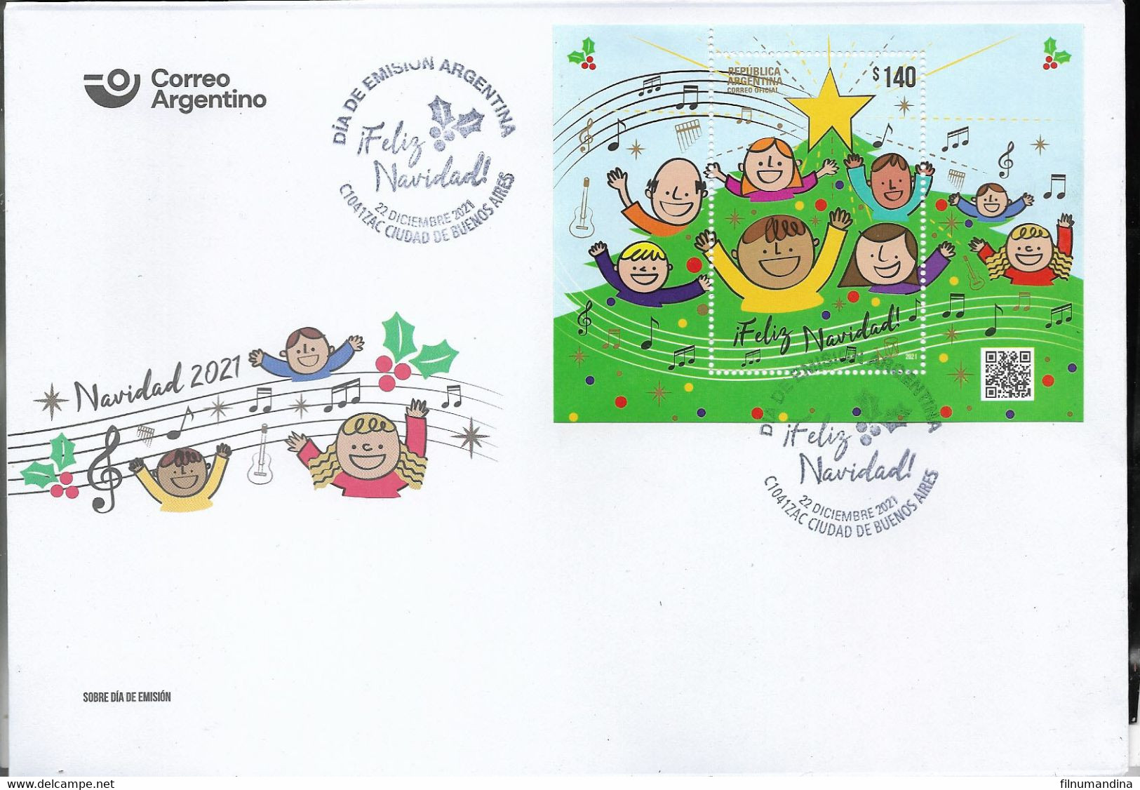 #10086 ARGENTINE,ARGENTINA 2021 CHRISTMAS RELIGION MUSIC S/SHEET BLOC, FDC - Unused Stamps