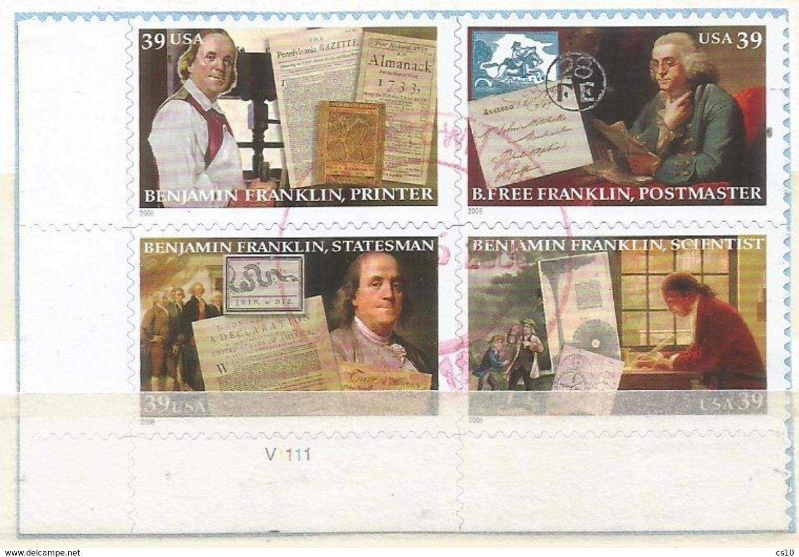 USA 2006 Benjamin Franklin Statesman Scientist Printer Postmaster SC.#4021/4 Cpl 4v Set VFU Plate Block On-piece - Plate Blocks & Sheetlets