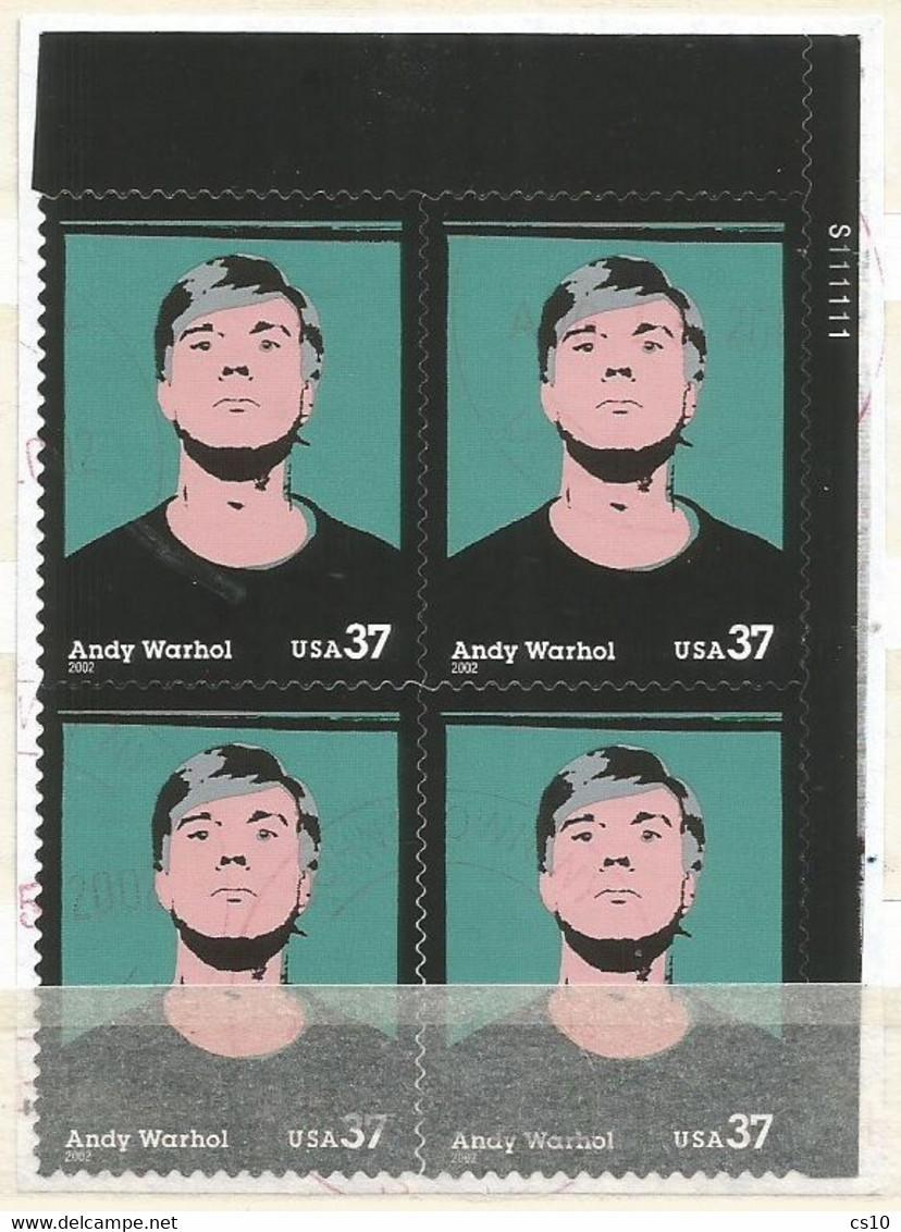 USA 2002 Andy Warhol SC.#3652  VFU Plate Block 4 On-piece - Plattennummern