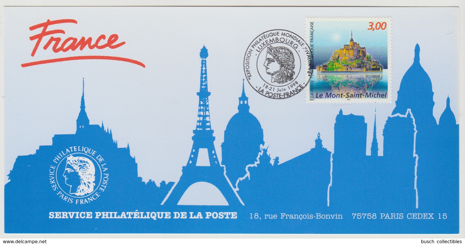 157 Carte Officielle Exposition Internationale Exhibition Luxembourg Juvalux 1998 France FDC Le Mont-Saint-Michel - Briefmarkenausstellungen