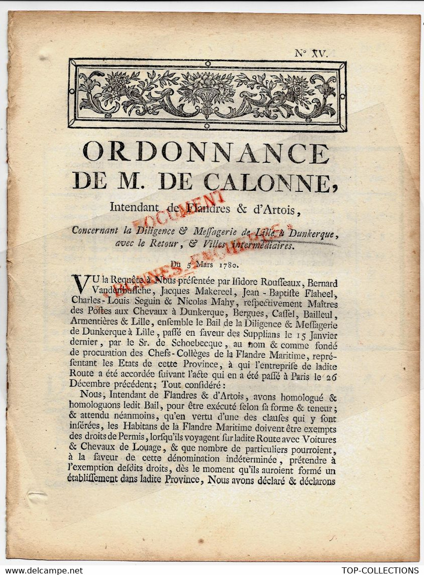 1780 ORDONNANCE CALONNE  FLANDRES ARTOISLILLE DUNKERQUE DILIGENCES MESSAGERIES TARIFS - Historische Dokumente