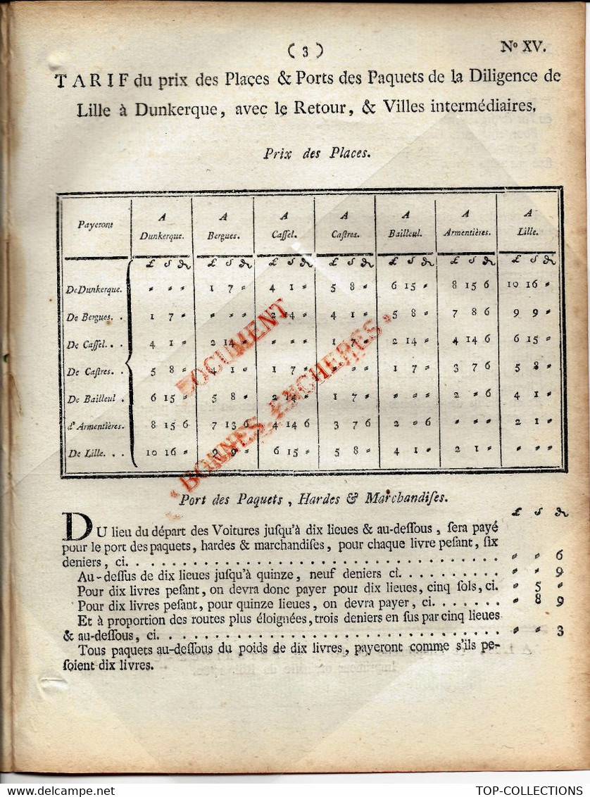 1780 ORDONNANCE CALONNE  FLANDRES ARTOISLILLE DUNKERQUE DILIGENCES MESSAGERIES TARIFS - Documents Historiques