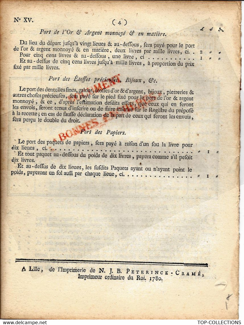 1780 ORDONNANCE CALONNE  FLANDRES ARTOISLILLE DUNKERQUE DILIGENCES MESSAGERIES TARIFS - Documents Historiques