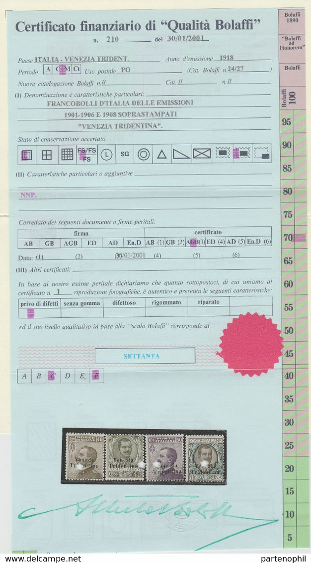 Trentino - 249 ** 1918 - Francobolli D’Italia Del 1901-17 Soprastampati N. 19/27 Cert. Bolaffi. Cat. € 3250,00. SPL - Trentin