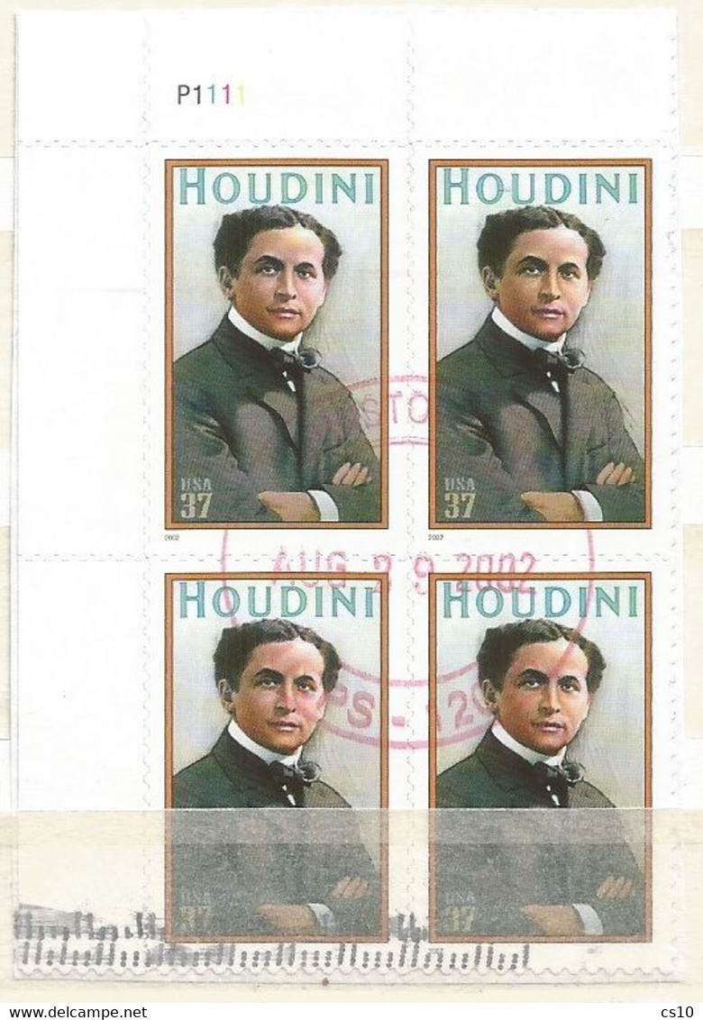 USA 2002 Harry Houdini SC.#3651  VFU Plate Block 4 On-piece - Numéros De Planches