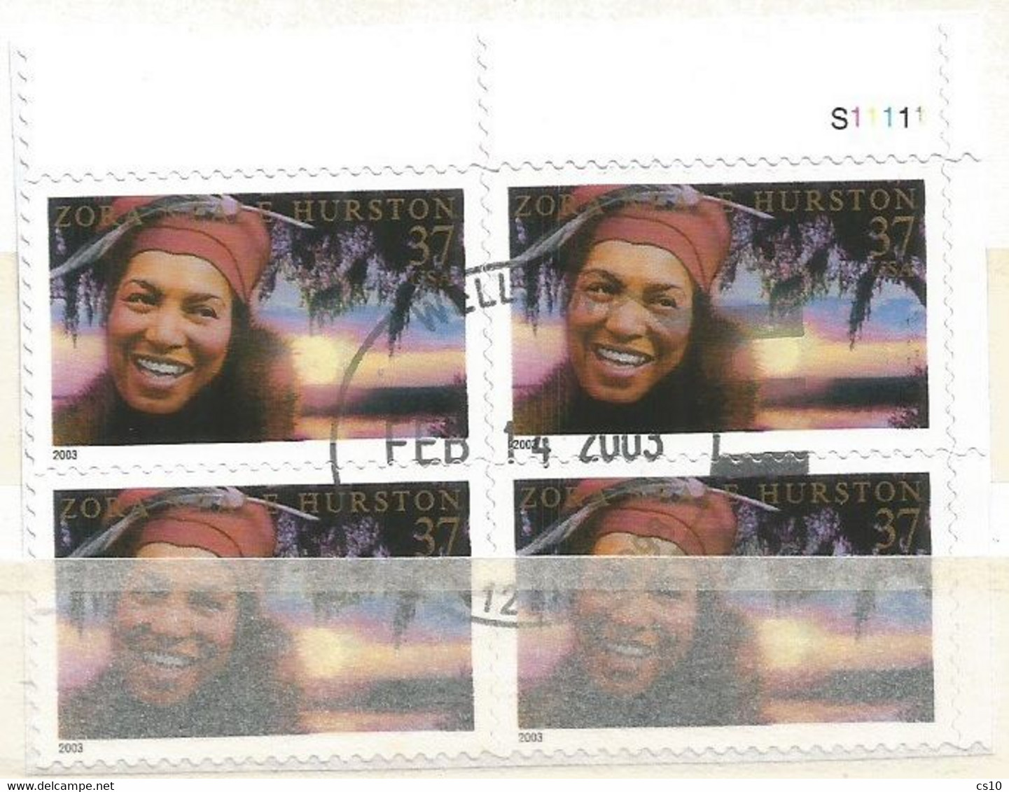 USA 2003 Literary Arts Writer Zora Neale Hurston SC.#3748  VFU Plate Block 4 On-piece - Plate Blocks & Sheetlets