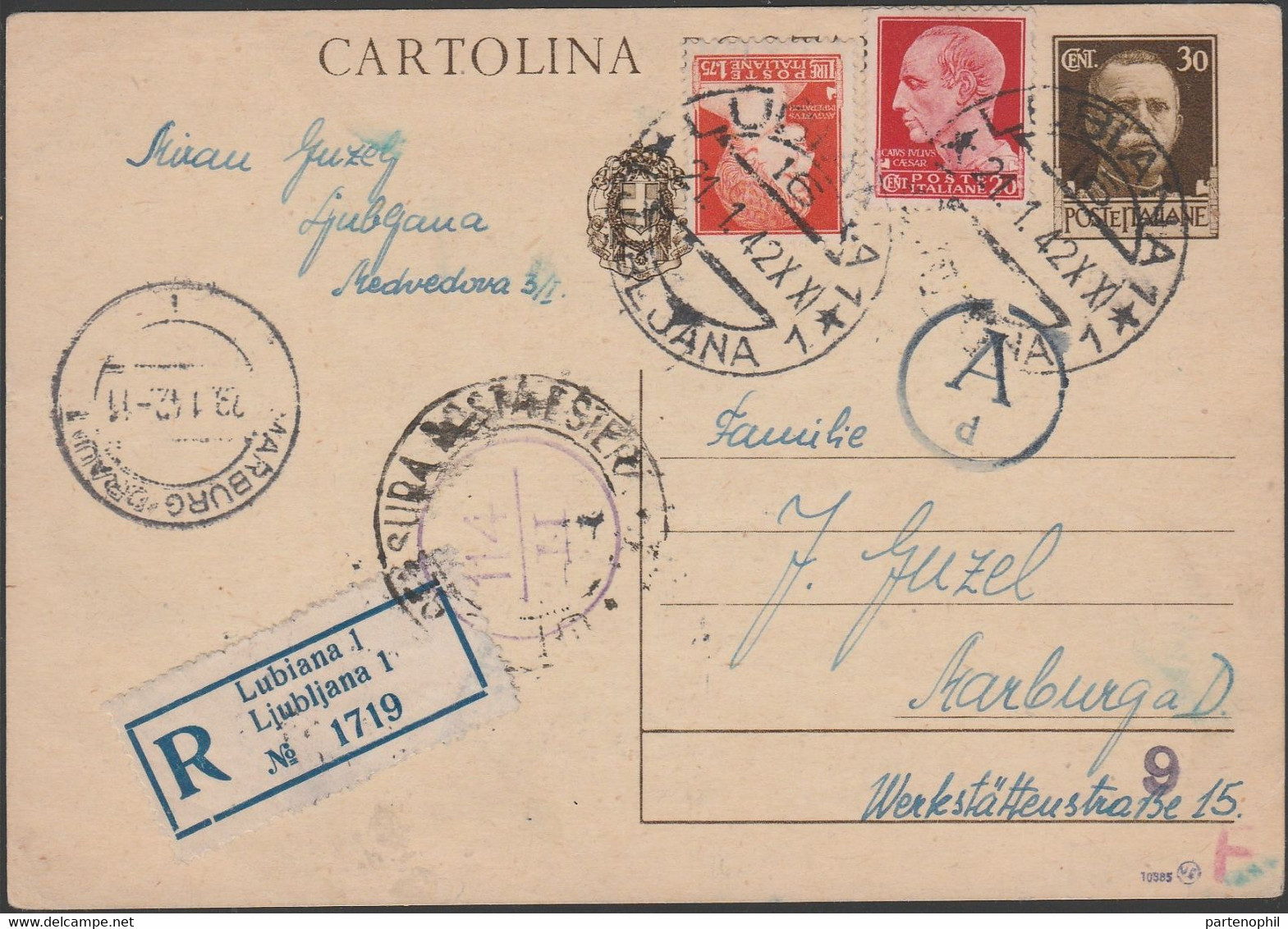 263 *  Cartolina Preaffrancata Cent. 30, R/ta Da Lubiana Il 21.1.42 Diretta In Germania Affrancata Con 2 Francobolli Com - Lubiana