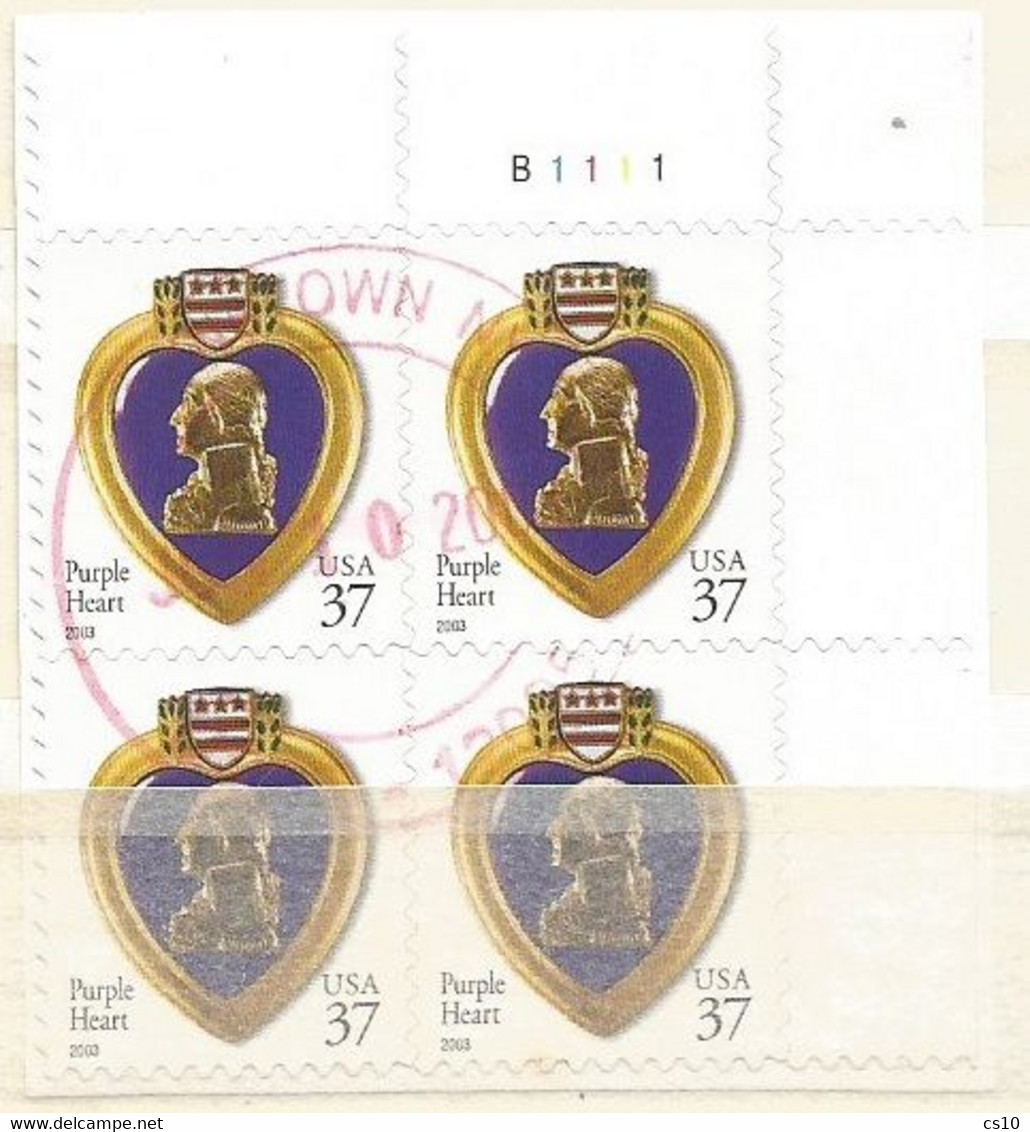 USA 2003 Purple Heart Die Cut 11.25 X 10.75 SC.#3784 VFU Plate Block 4 On-piece - Plate Blocks & Sheetlets