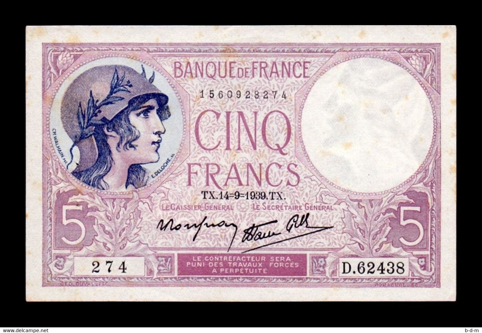 Francia France 5 Francs Violet 1939 Pick 83 EBC XF - 5 F 1917-1940 ''Violet''