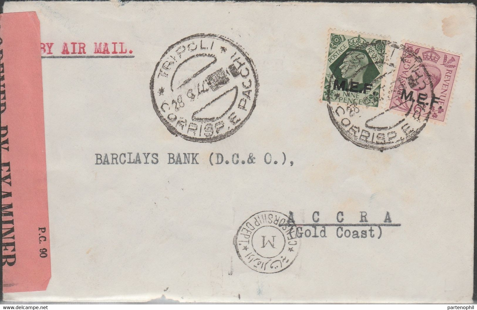 379 * Lettera Da Tripoli Del 28.9.44 Per Accra ( Ghana ), Affrancata Con Occupazione Straniera “M.E.F.” 6 P. + 9 P. N. 1 - British Occ. MEF