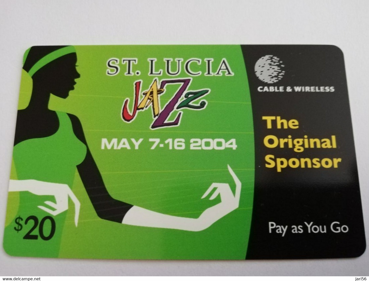 ST LUCIA    $ 20,-PAY AS YOU GO  JAZZ FESTIVAL Green/black  Prepaid    Fine Used Card  ** 8754** - Sainte Lucie