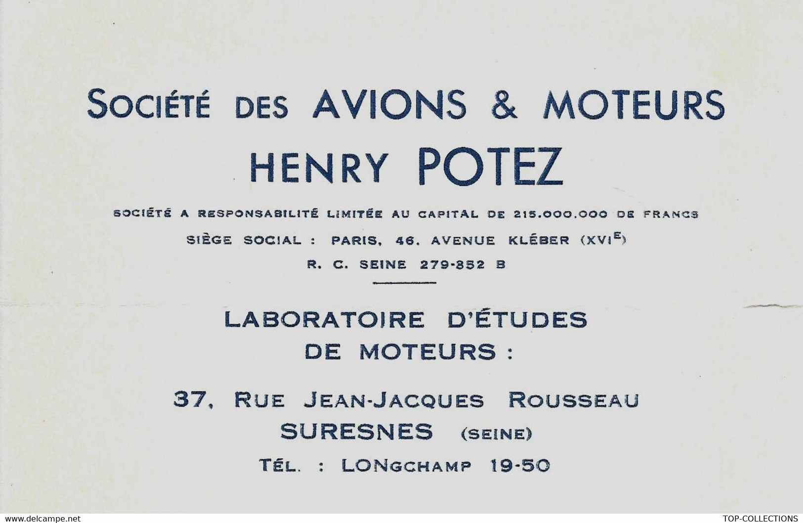 1954 AVIATION AVIONS AERONAUTIQUE MOTEURS HENRY POTEZ PARIS SURESNES V.HISTORIQUE - 1950 - ...