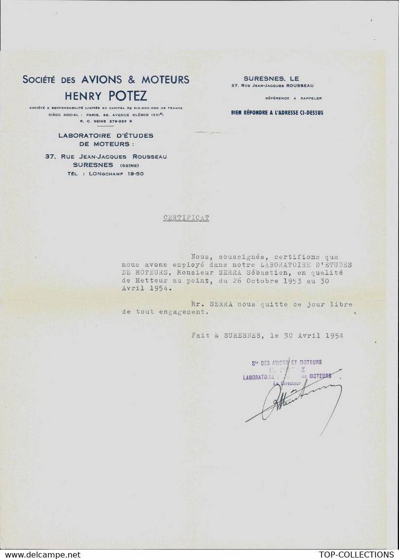 1954 AVIATION AVIONS AERONAUTIQUE MOTEURS HENRY POTEZ PARIS SURESNES V.HISTORIQUE - 1950 - ...