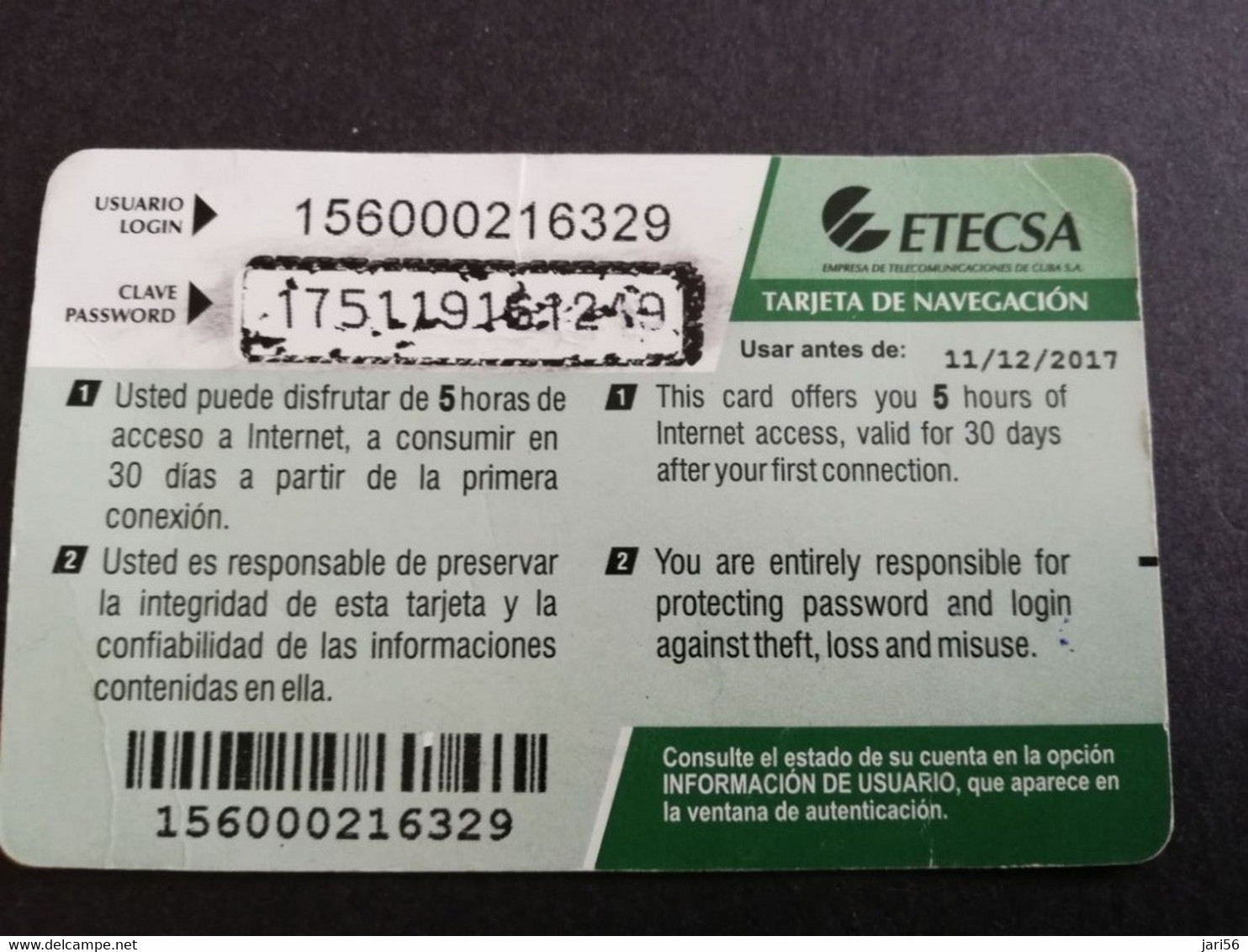 CUBA  5 HORAS   ETECSA  PREPAID  CARD   NAUTA / INTERNET CARD  USED    ** 8775** - Cuba