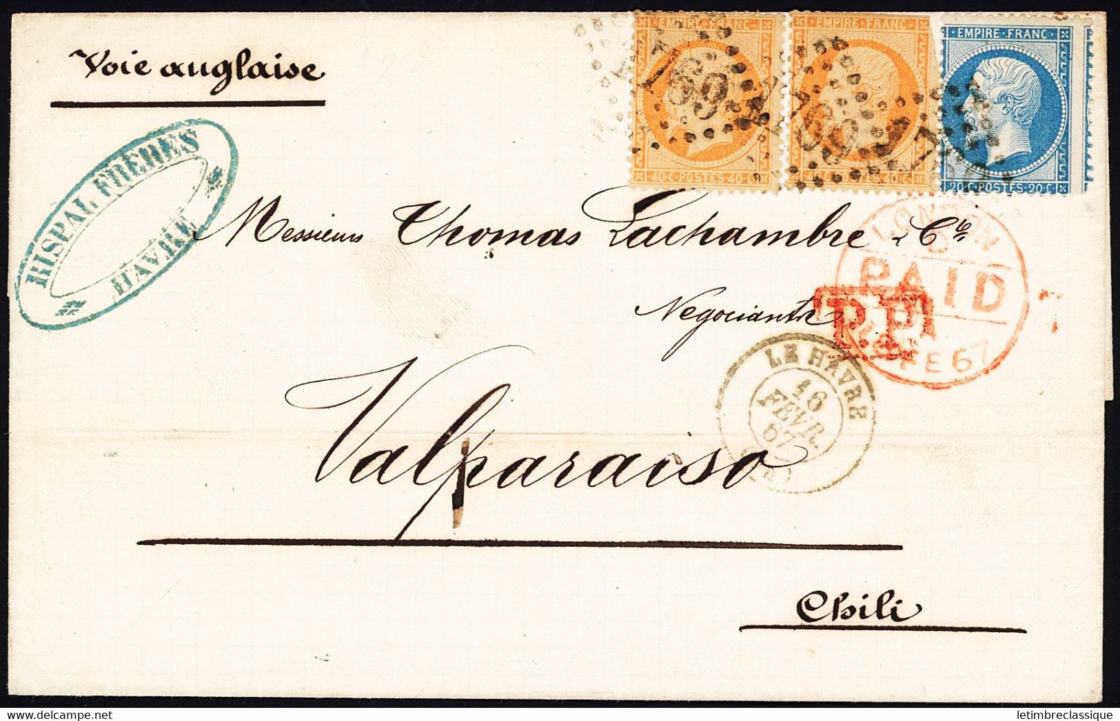 N°22 (piquage Décalé) + 23 Paire OBL GC 1769 + T15 Le Havre Sur Lettre Pour Valparaiso (Chili) Avec CAD Rouge De Londres - 1849-1876: Klassieke Periode