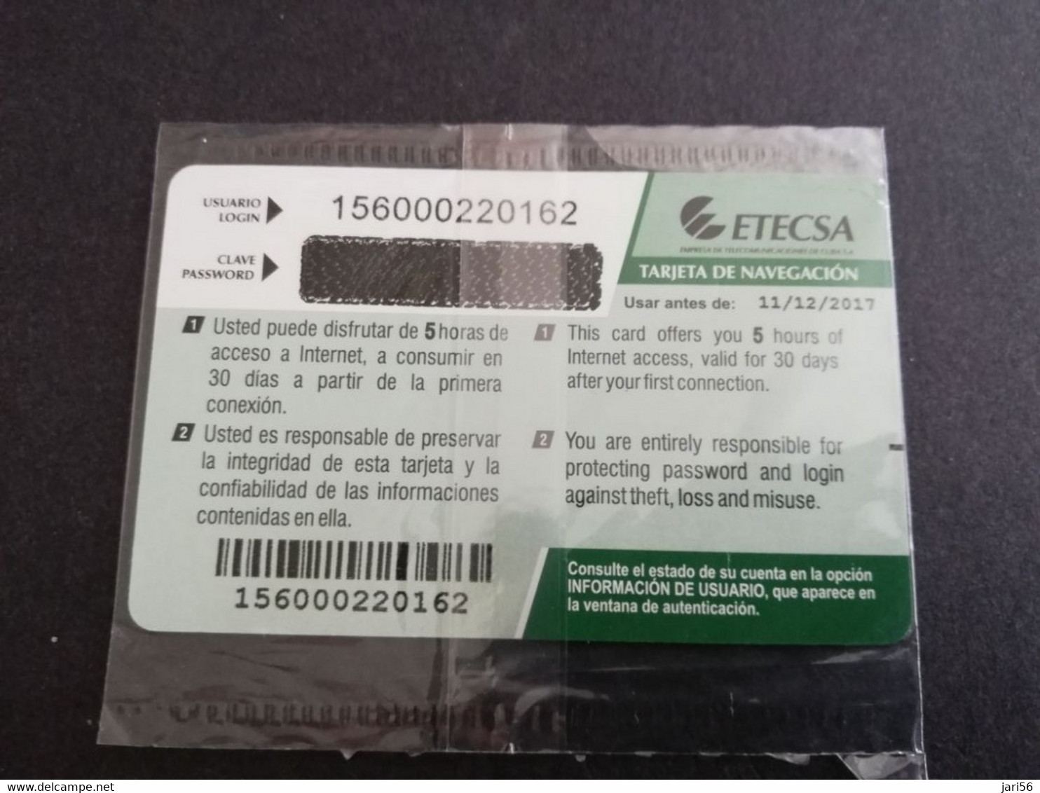 CUBA  5 HORAS   ETECSA  PREPAID  CARD   NAUTA / INTERNET CARD  MINT    ** 8776** - Kuba