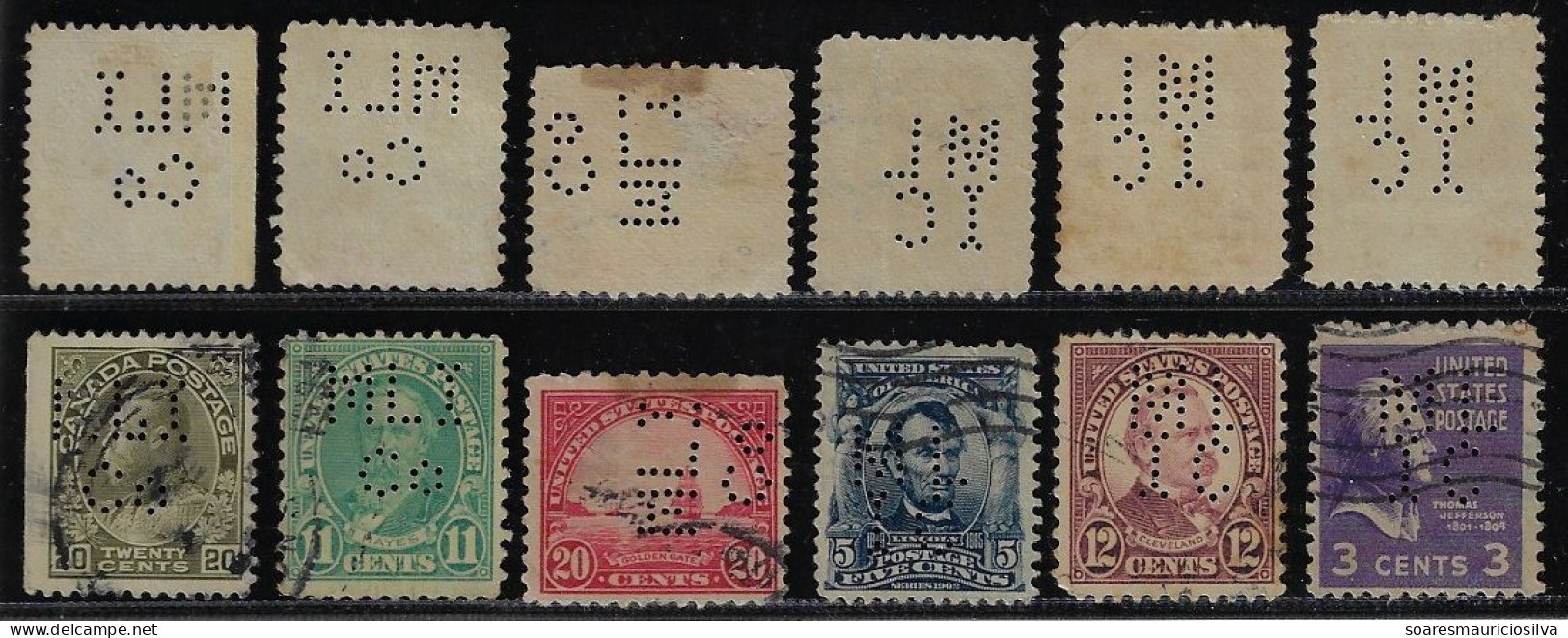 Canada USA 1917/1972 6 Stamp Perfin MLI/Co And ML/IC By Metropolitan Life Insurance Company Lochung Perfore - Perfin