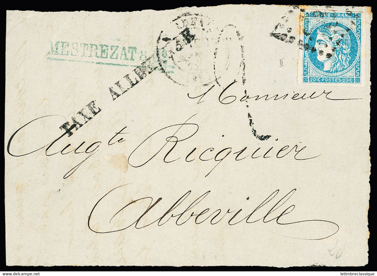 N°45C OBL GC 532 + T17 Bordeaux + Taxe 2 Tampon Façon Manuscrite Pour Abbeville Griffe Noire "taxe Allemande" RRR - 1849-1876: Klassieke Periode