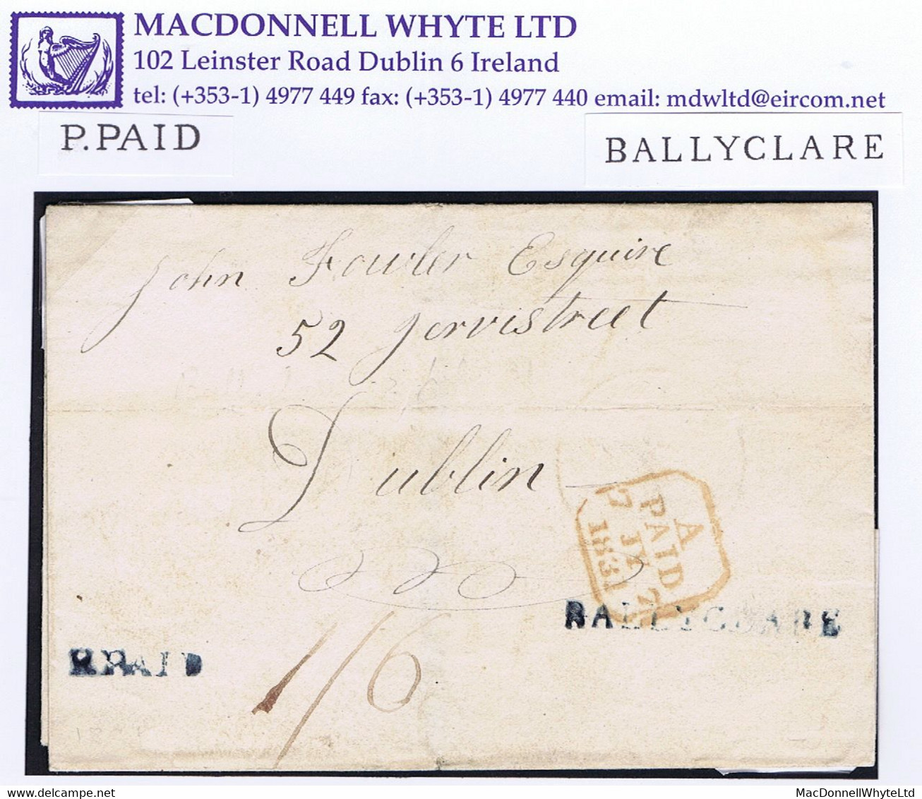 Ireland Antrim 1831 Unframed P.PAID Of Ballyclare On Masonic Cover To Dublin, Matching BALLYCLARE In Blue At Right - Prefilatelia