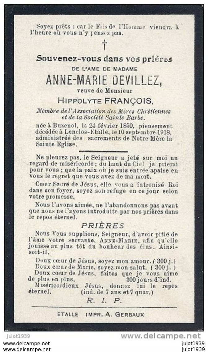 LENCLOS . ETALLE ..-- Mme Anne DEVILLEZ , Vve De Mr Hippolyte FRANCOIS . 1850 - 1918 . - Etalle