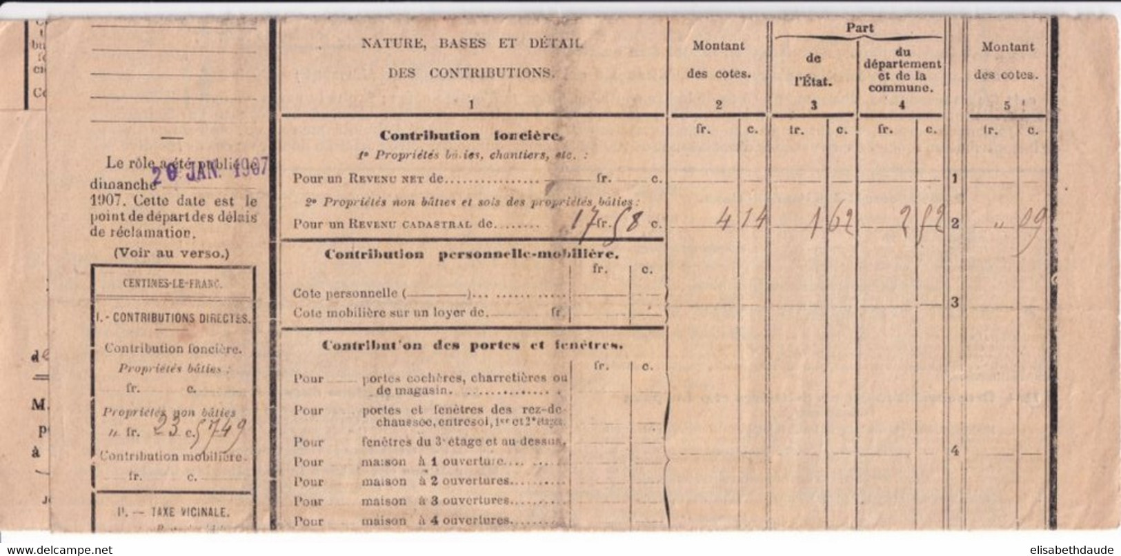 1907 - TYPE BLANC 1c X2 Sur IMPRIME AVERTISSEMENT Des CONTRIBUTIONS De L'AIN à ST TRIVIERS DE COURTES - RETOUR ! - 1900-29 Blanc