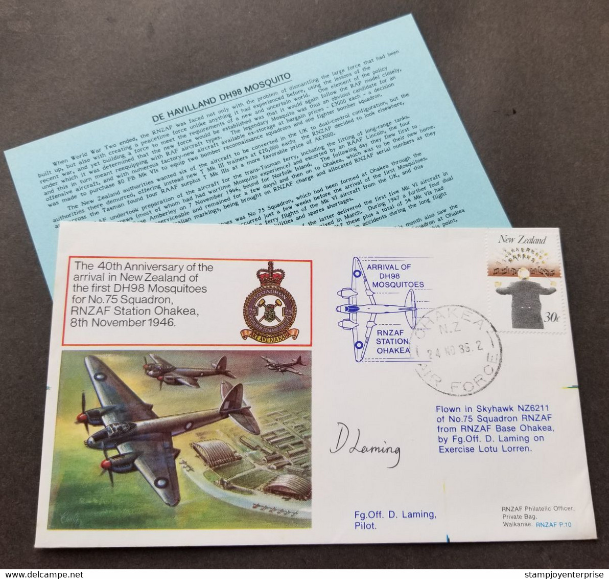 New Zealand 40th Anniversary First Flight DH98 Mosquitos 1986 Airplane Music Aircraft (FDC) - Briefe U. Dokumente