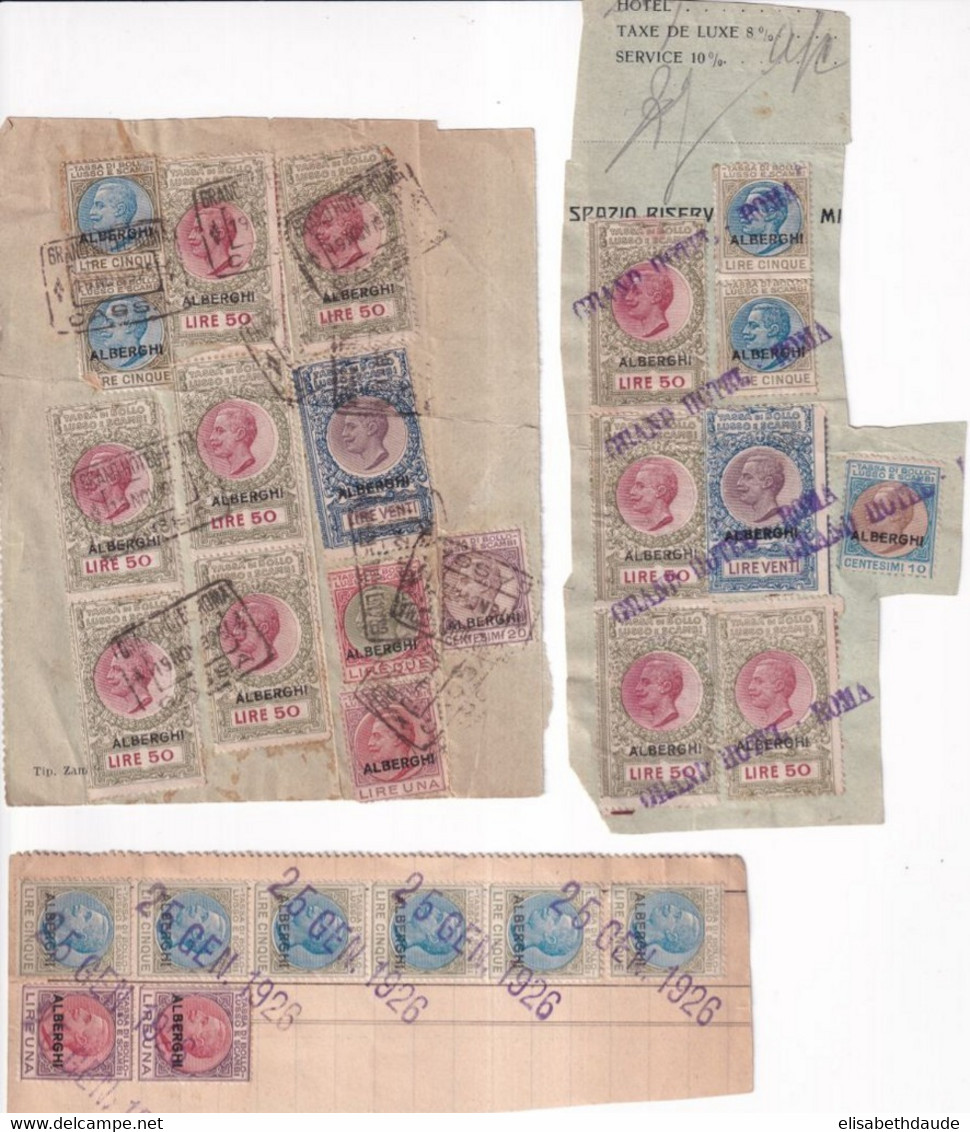 1925/26 - ITALIE - TIMBRES FISCAUX TAXE SEJOUR "ALBERGHI" Sur FRAGMENTS - Revenue Stamps