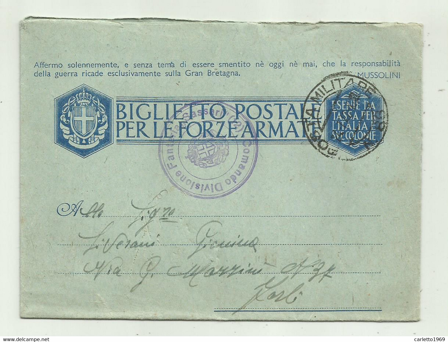 BIGLIETTO POSTALE FORZE ARMATE COMANDO DIVISIONE FANTERIA SASSARI  POSTA MILITARE 86 1941 - Franchise