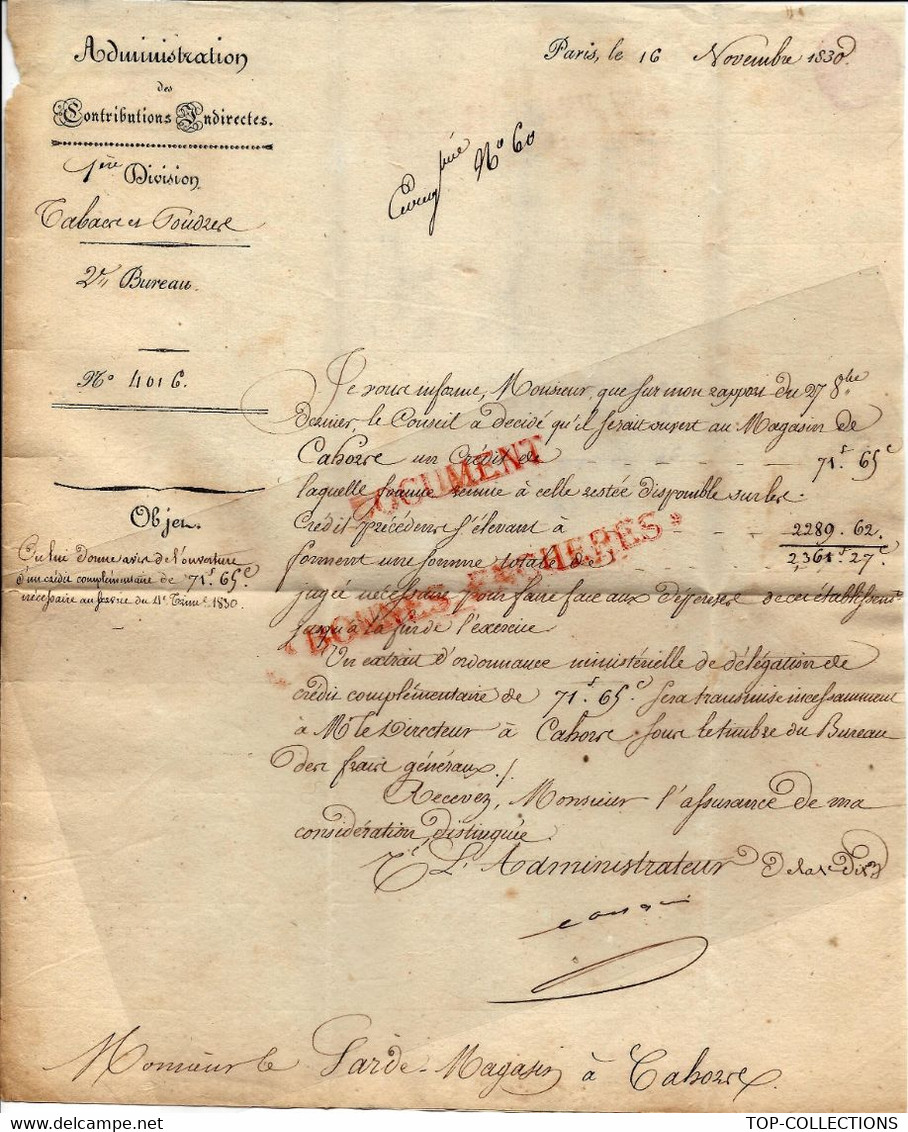 RARE LETTRE TABACS MINISTERE DES FINANCES PARIS 1831 Pour CAHORS B.E. V.SCANS+ HISTORIQUE - Historische Dokumente