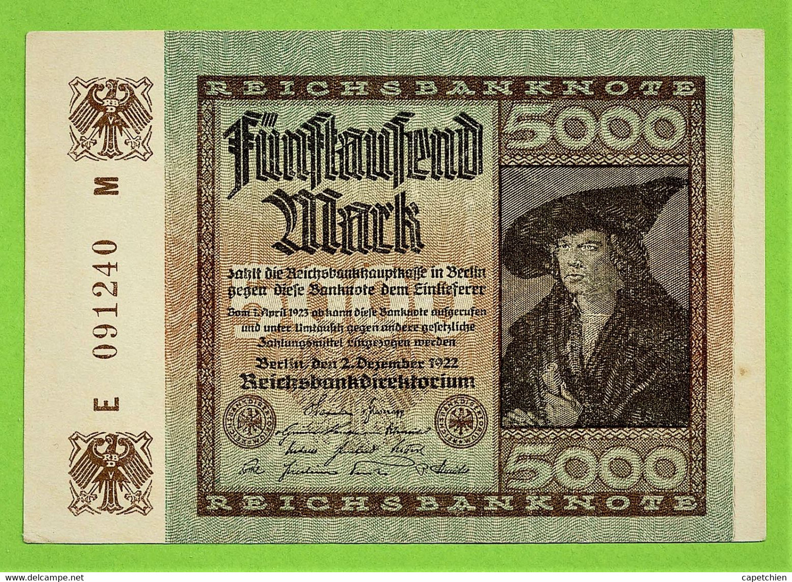 ALLEMAGNE / 5000 MARK / REICHSBANKNOTEN / 02 - 12 - 1922 / E 091240 M /   Ros. 80 / ETAT SUP - 5000 Mark