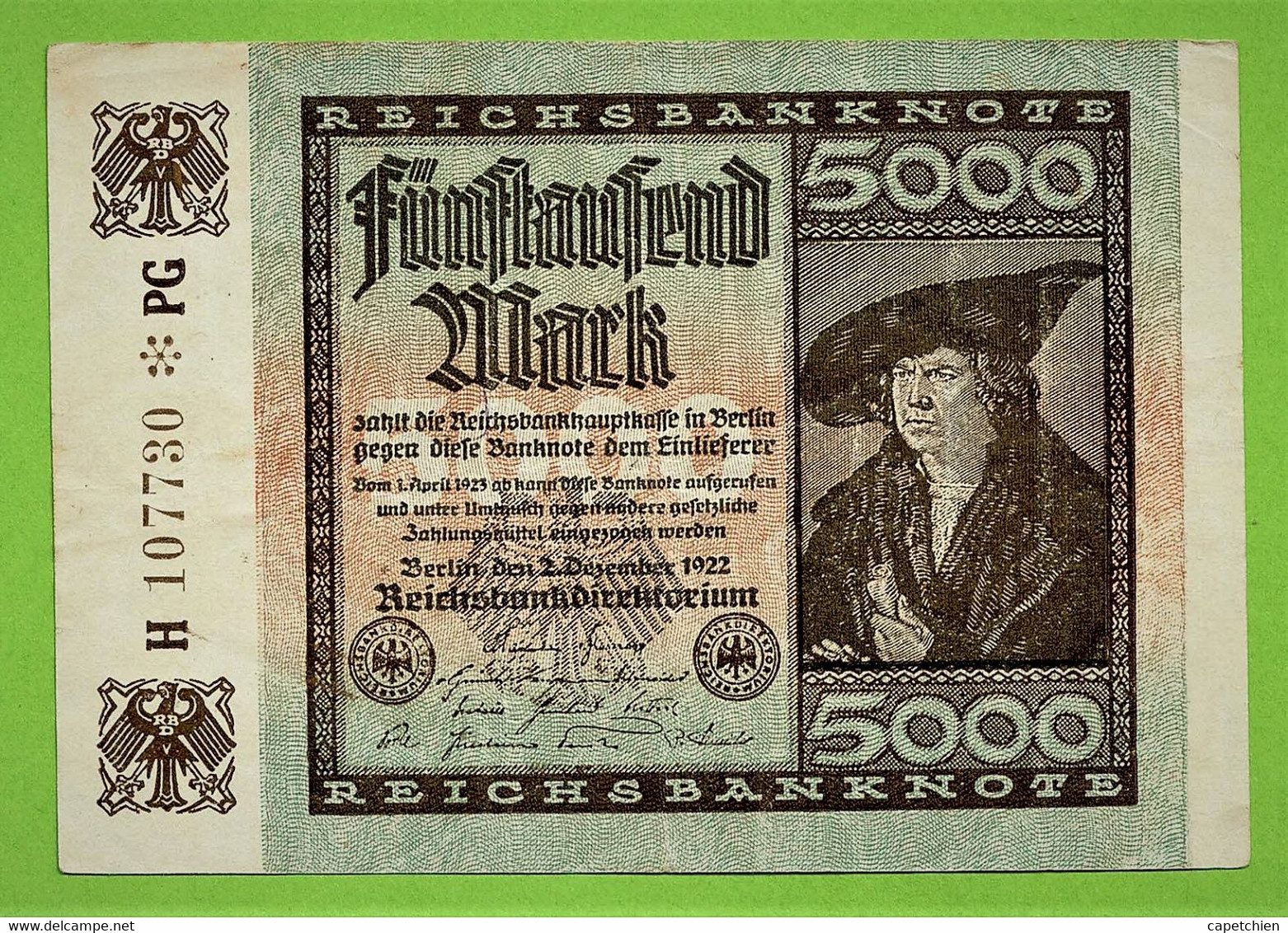 ALLEMAGNE / 5000 MARK / REICHSBANKNOTE / 02 - 12 - 1922 / H 107730 * PG /   Ros. 80 / ETAT SUP - 5.000 Mark