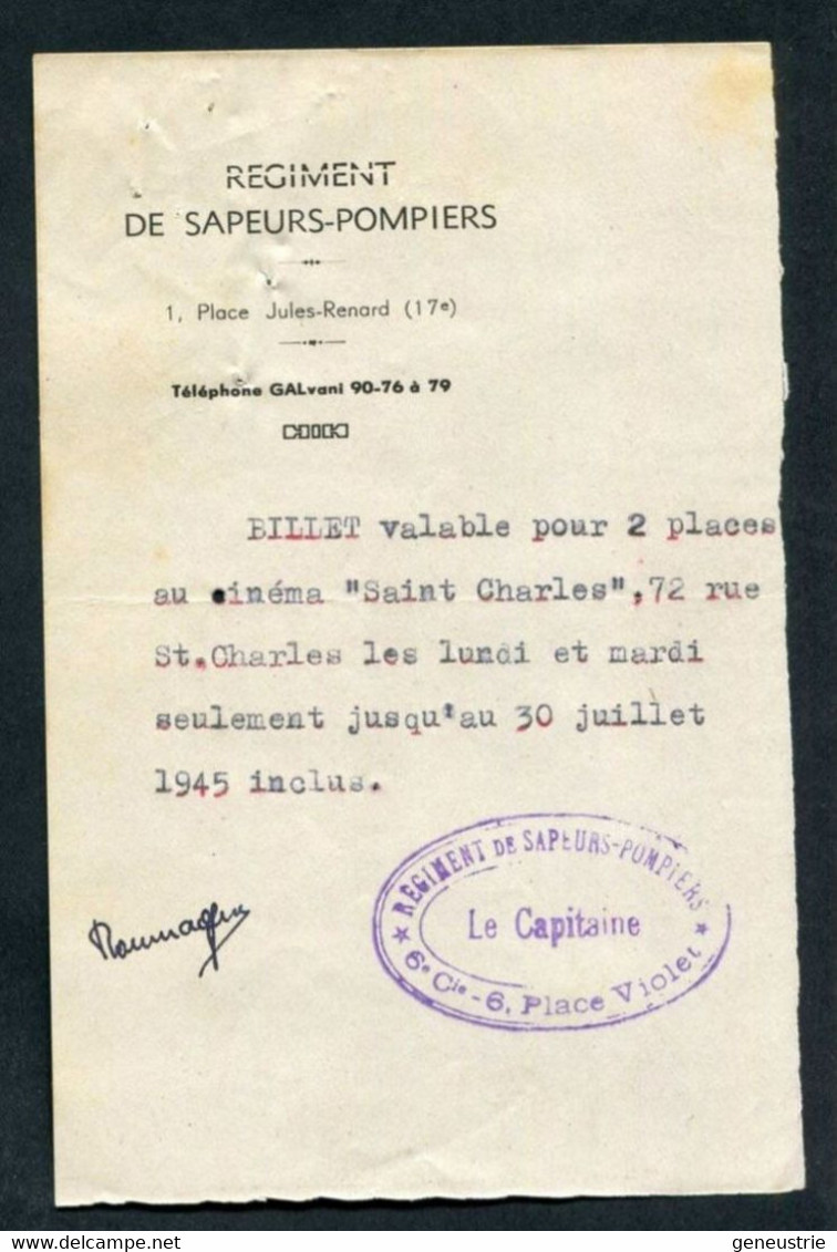 WW2 - Billet Valable Pour 2 Places Au Cinéma Saint Charles - Régiment Des Sapeurs Pompiers De Paris 75 - WWII - Pompier - Monétaires / De Nécessité