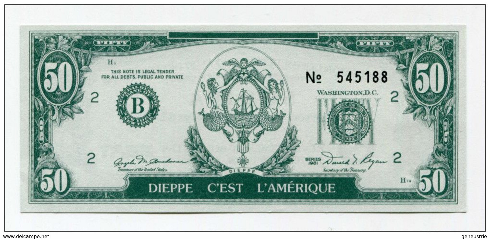 Rare Billet Publicitaire De 50 Dollars "Dieppe C'est L'Amérique" Sovida Concessionnaire BMW Et SEAT à Dieppe - Normandie - Fictifs & Spécimens