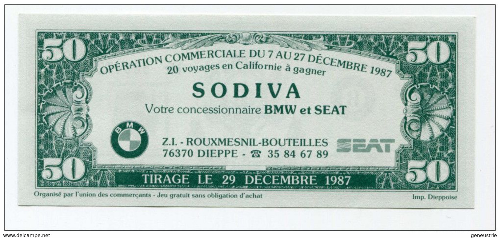Rare Billet Publicitaire De 50 Dollars "Dieppe C'est L'Amérique" Sovida Concessionnaire BMW Et SEAT à Dieppe - Normandie - Specimen
