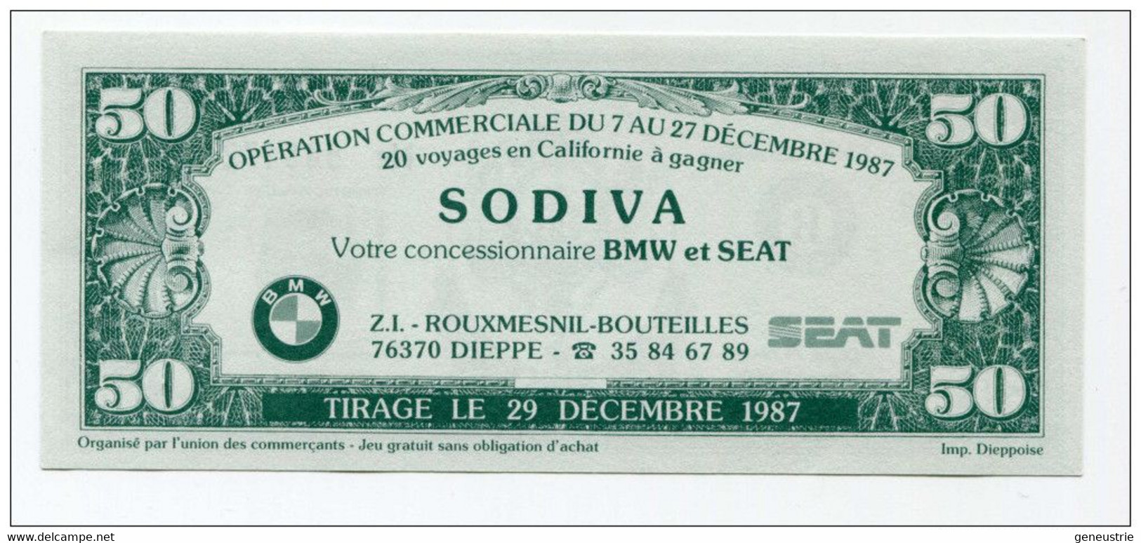 Rare Billet Publicitaire De 50 Dollars "Dieppe C'est L'Amérique" Sovida Concessionnaire BMW Et SEAT à Dieppe - Normandie - Ficción & Especímenes