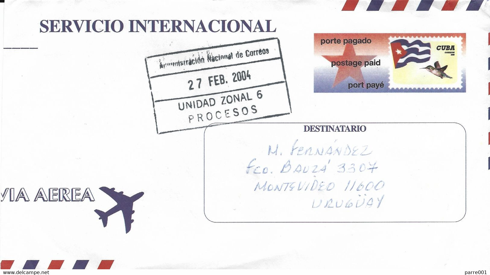 Cuba 2004 Havana Flag Hummingbird International Postage Paid Cover To Uruguay - Lettres & Documents