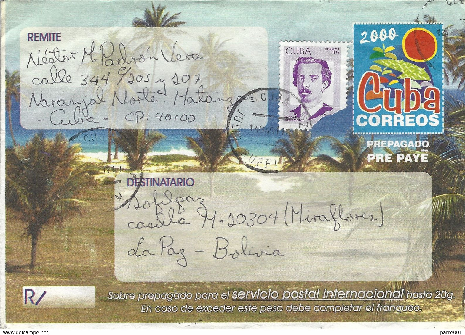 Cuba 2000 Matanzar International Postage Paid Cover To Bolivia - Briefe U. Dokumente