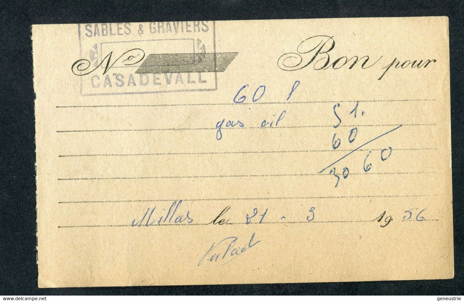 Jeton Papier Billet De Nécessité "Bon Pour 60l De Gas Oil / Ets Casadevall à Millas 1956" Pyrénées Orientales - Monétaires / De Nécessité