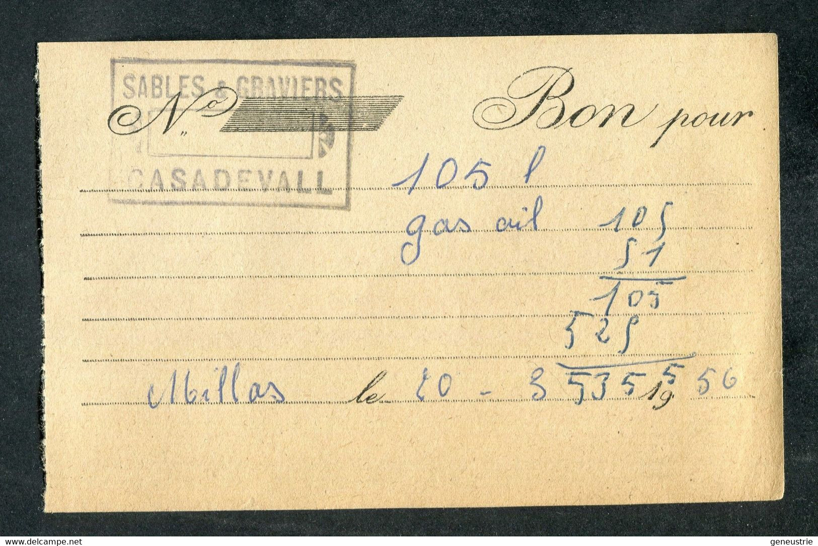 Jeton Papier Billet De Nécessité "Bon Pour 105l De Gas Oil / Ets Casadevall à Millas 1956" Pyrénées Orientales - Monétaires / De Nécessité