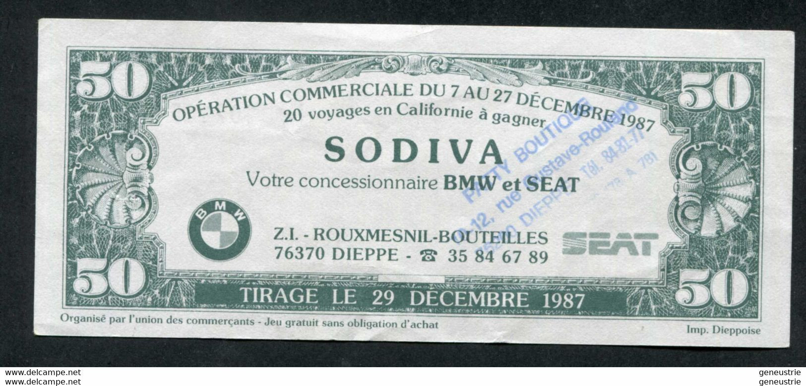 Billet Publicitaire 50 Dollars "Patty Boutique - Dieppe C'est L'Amérique" Sovida Concessionnaire BMW Et SEAT à Dieppe - Specimen
