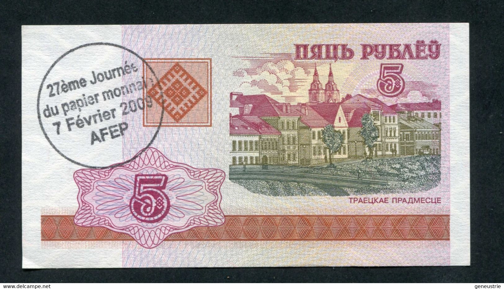 Billet Publicitaire "27ème Journée Du Papier-Monnaie 2009 AFEP" Cachet Sur Billet De 5 Roubles Russe 2000 - Fictifs & Spécimens